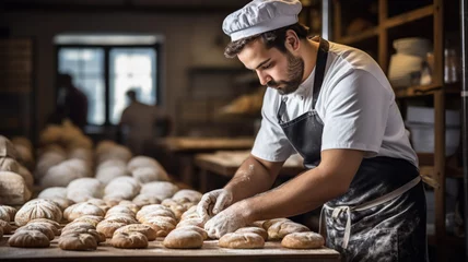 Gordijnen Baker in bakery making bread © Artofinnovation