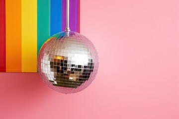 Disco or mirror ball on pastel light pink background with rainbow. Music and dance party background. Trendy party symbol. Abstract retro 80s and 90s concept