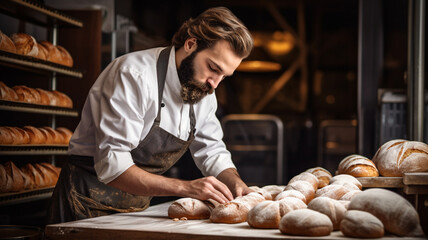 Baker in bakery making bread