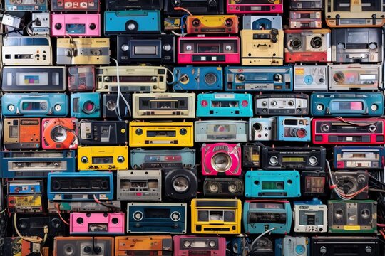 Old audio tape compact cassette on black background. Collection of retro cassette. Vintage pattern. 80s and 90s funky colorful design
