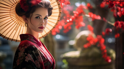 Traditional female geisha in a Japanese garden, red tree blossoms - obrazy, fototapety, plakaty