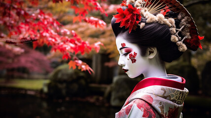 Traditional female geisha in a Japanese garden, red tree blossoms