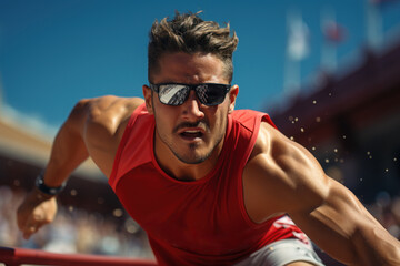 A decathlete participating in various athletic events, highlighting versatility and skill in multi-sport competition. Generative Ai.