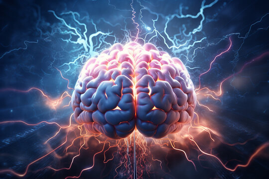 Illustration of exploding brain with neon and thunder lights, concept of brainstorming and creative thoughts