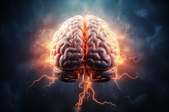 Illustration of exploding brain with neon and thunder lights, concept of brainstorming and creative thoughts