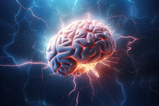 Illustration of exploding brain with neon and thunder lights, concept of brainstorming and creative thoughts