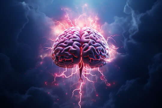 Illustration of exploding brain with neon and thunder lights, concept of brainstorming and creative thoughts