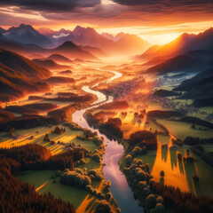 Aerial View of Mountain Range with Valley and Sunset