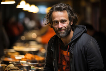 Fototapeta premium A person volunteering at a homeless shelter, exemplifying the ethics of altruism and charity. Generative Ai.