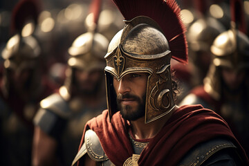 Warrior or emperor marching to war in ancient Greece.
Concept of spartacus and 300 gladiators