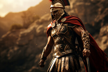 Warrior or emperor marching to war in ancient Greece.
Concept of spartacus and 300 gladiators