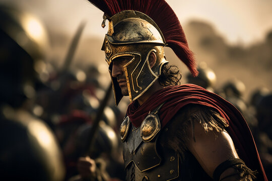 Warrior or emperor marching to war in ancient Greece.
Concept of spartacus and 300 gladiators