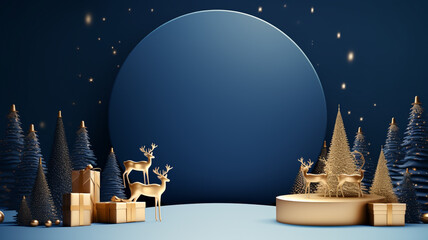 Blue Christmas decorated circle podium or stage, for product display and promotion - obrazy, fototapety, plakaty