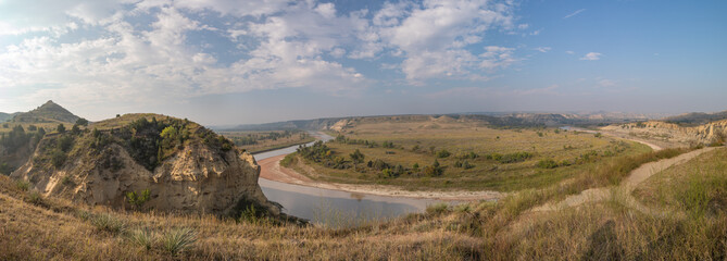 Panorama of Little Missouri River from a Bluff Along Wind Canyon Trail, Theodore Roosevelt National Park, North Dakota on a Smoky Autumn Day, Smoke from Canadian Wildfires - 670764991