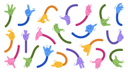 Mascot colorful arm collection. Vector set of different hands. Cartoon elements of old 1920 to 1950 design style. Creator for mascot characters of vintage poster.