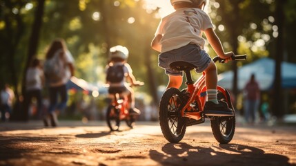 Energetic kids racing bikes and having fun in the park - obrazy, fototapety, plakaty