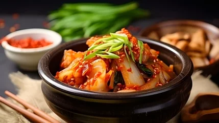 Zelfklevend Fotobehang Kimchi cabbage eating by chopsticks, Korean homemade fermented side dish food © Lucky Ai