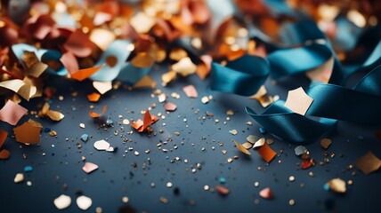Blue background with confetti and a big red bow - obrazy, fototapety, plakaty