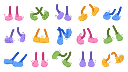 Vintage colored retro feet and boot vector collection. Comic retro feet in different poses, leg standing, walking, running, jumping. Isolated footwears set.