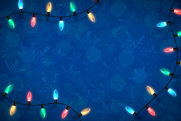 Christmas blue backdrop with lights garland over winter themed pattern with snowflakes and blurred bokeh lights. Festive design element for xmas holiday poster, banner, card or social media posting. V