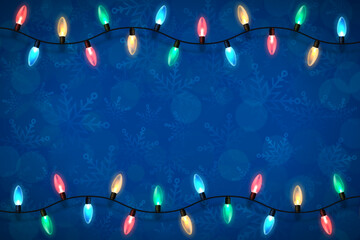 Christmas blue backdrop with lights garland over winter themed pattern with snowflakes and blurred bokeh lights. Festive design element for xmas holiday poster, banner, card or social media posting. V