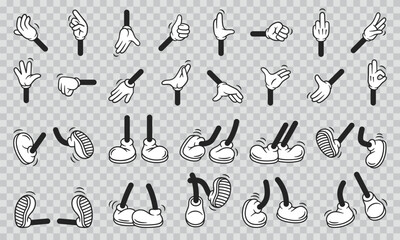 Vintage retro hands in gloves and feet in shoes. Comic retro feet and hands in different poses. Isolated mascot character elements of 1920 to 1950s. - obrazy, fototapety, plakaty