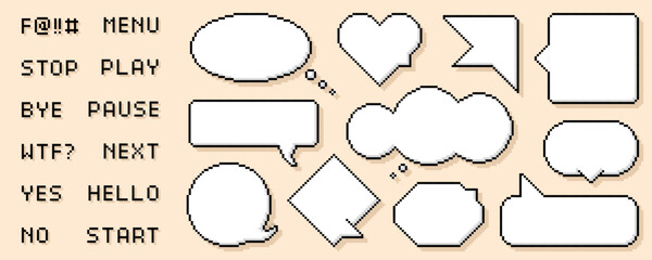 Pixel speech bubbles with set of game words. Vector dialogue boxes. Chat speech or dialogue. Set of empty pixelated speech bubbles.