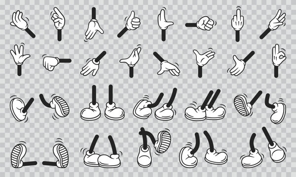 Vintage retro hands in gloves and feet in shoes. Comic retro feet and hands in different poses. Isolated mascot character elements of 1920 to 1950s.