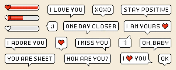 Pixel speech bubbles with worlds and phrases of love theme. Vector dialogue boxes with hearts. Chat speech or dialogue. 8-bit heart or love loading set. - obrazy, fototapety, plakaty