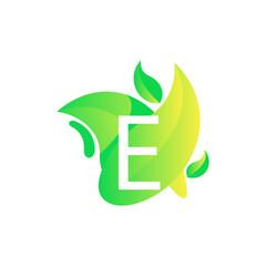 Letter E with fresh leaf gradient logo design vector
