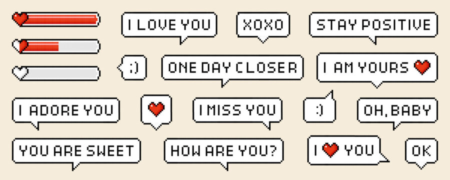 Naklejki Pixel speech bubbles with worlds and phrases of love theme. Vector dialogue boxes with hearts. Chat speech or dialogue. 8-bit heart or love loading set.