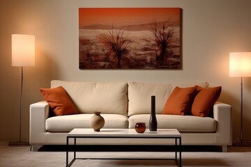 Stylish and Inviting Contemporary Living Room with Modern Design Elements and Cozy Atmosphere. Orange and White Colors.