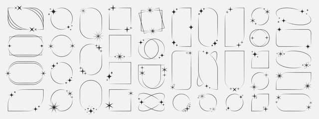 Frames collection with different stars. Minimalistic linear frames, arches, elements, geometric shapes and lines. Aesthetic frames for poster design, vector set in modern style.
