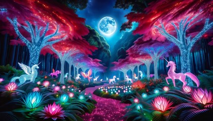 Obraz na płótnie Canvas Mystical forest illuminated by twinkling twilight blue and flamingo pink fairy lights, with ethereal creatures such as unicorns and phoenixes. Generative AI