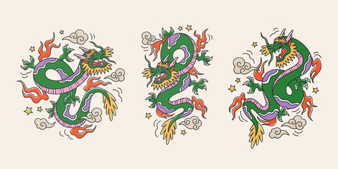 Fototapeta na wymiar Set of tattoo chinese dragons. Symbol of New Year 2024. Asian colorful cartoon style. Isolated vector illustrations.