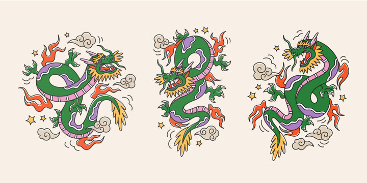 Set of tattoo chinese dragons. Symbol of New Year 2024. Asian colorful cartoon style. Isolated vector illustrations.