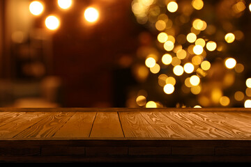 Empty wooden table in room decorated for Christmas, festive blurred interior. Space for design