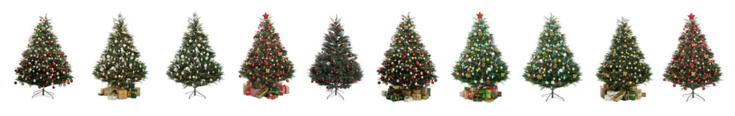 Obraz na płótnie Canvas Different beautifully decorated Christmas trees isolated on white, collection