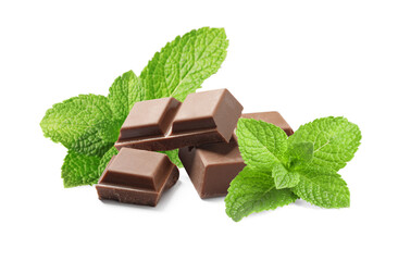 Pieces of milk chocolate and mint leaves isolated on white