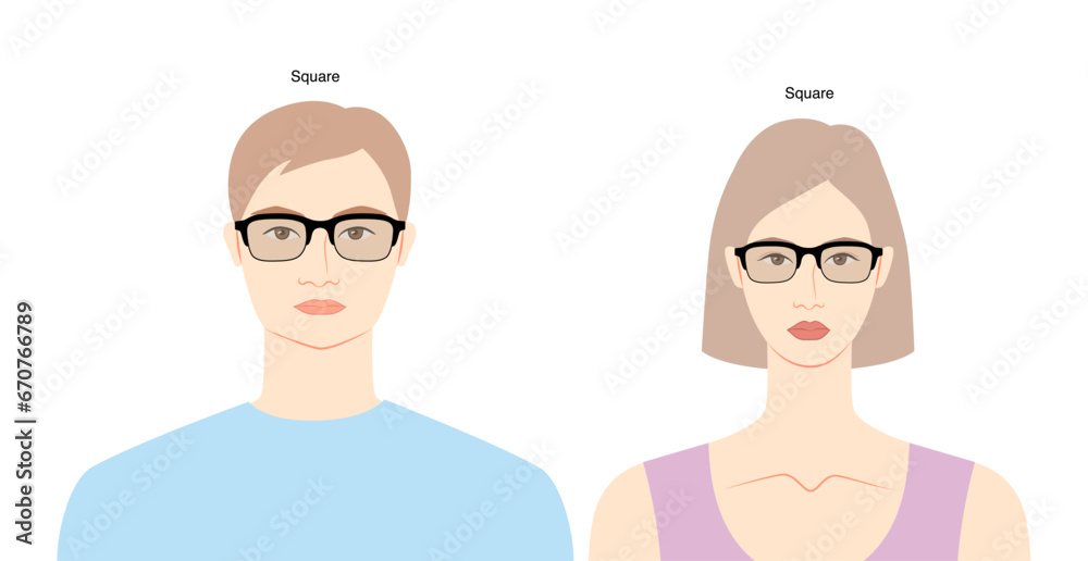 Sticker Square frame glasses on women and men flat character fashion accessory illustration. Sunglass front view unisex silhouette style, rim eyeglasses with lens sketch outline isolated on white background