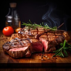 Fresh and juicy grilled meat cut in pieces on wooden board