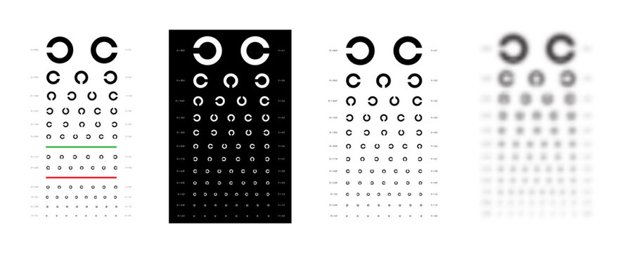 Set of Landolt C Eye Test Chart broken ring medical illustration. Japanese vision test line vector sketch style outline isolated on white, black background. Vision board optometrist test examination