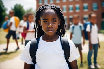 Elementary school student stands in front of school with fellow pupils in the background. Portrait of a black girl outside the school with classmates in the background