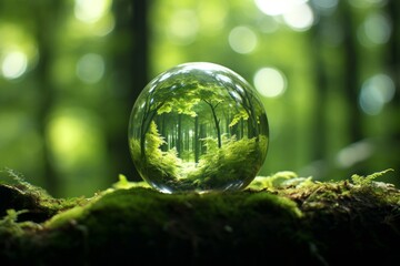 Obraz na płótnie Canvas Earth Day Eco-Conscious. Green Globe Surrounded by Moss in a Tranquil Forest - Abstract Sunlight