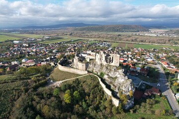 Beckov castle ruins aerial panorama landscape view of scenic gothic Slovakian castle with tower