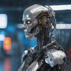 An android robot with a humanoid body, a technology for transferring human consciousness into a mechanical body.