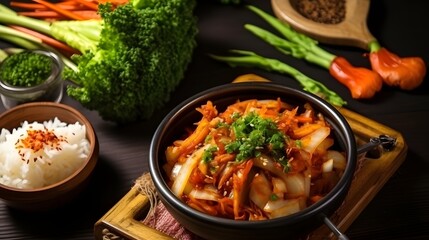 Korean food, Kimchi cabbage in a bowl and rice.