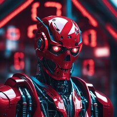 Fototapeta premium An android robot with a humanoid body, a technology for transferring human consciousness into a mechanical body.