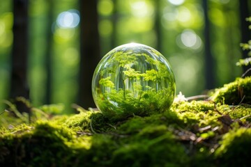 Natures Celebration. Earth Day - Green Globe Amidst Serene Forest, Moss, and Subtle Sunlight