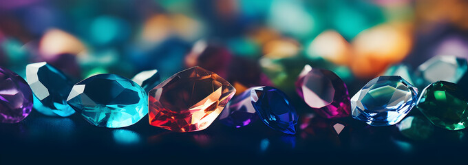 Abstract Banner background of gleaming gemstone jewelry with minimalist jewel tones. De-focused and blurred banner with gemstone